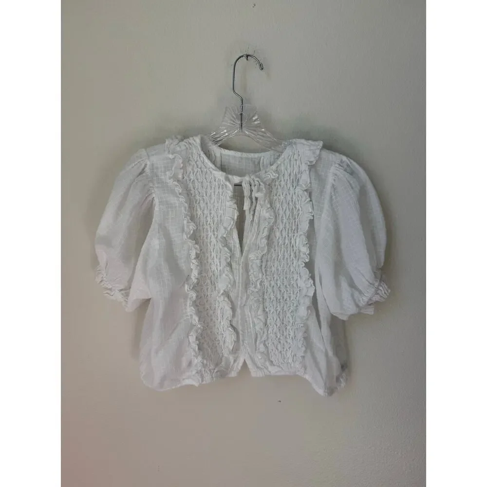 Innika Choo Smocked Ruffle Puff Sleeve Cutout Button Up Peasant Top - Picture 2 of 8